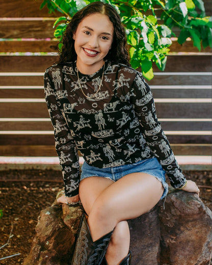 western print black and cream mesh top