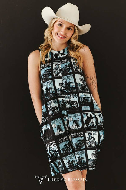 Plus Black Turquoise Printed Sleeveless Side Pocket Dress