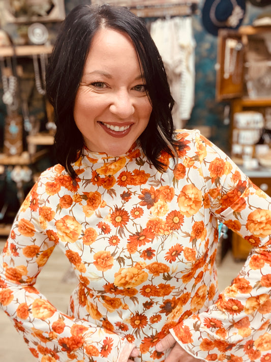 Fall Floral Bell Sleeve Scallop Blouse