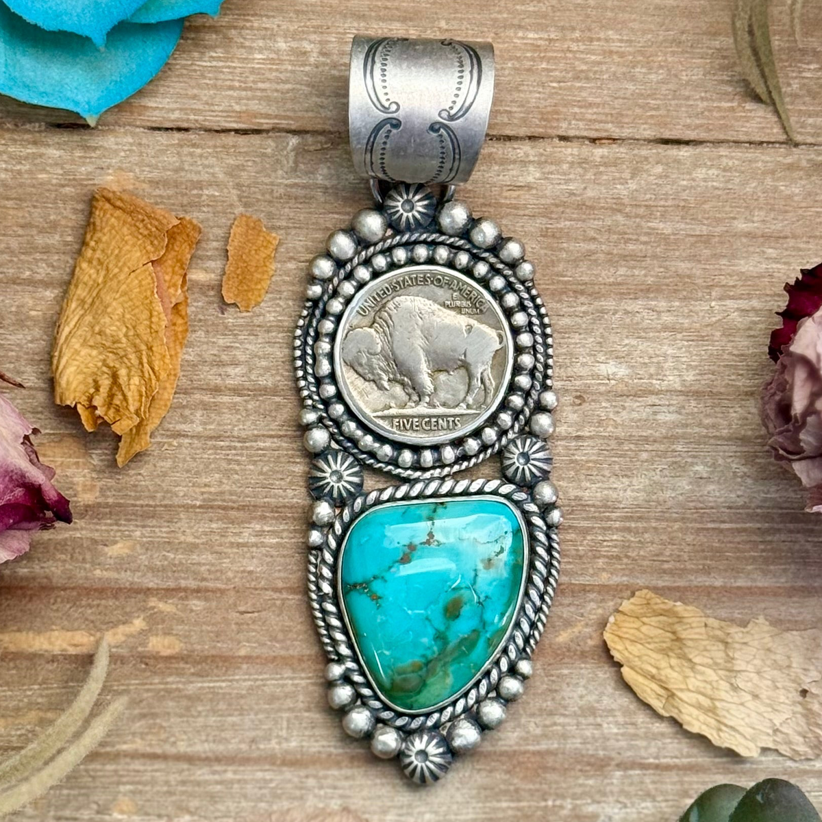70 - Sterling Silver Pilot Mountain Turquoise & Buffalo Nickel Pendant by Shay Pfeiffer