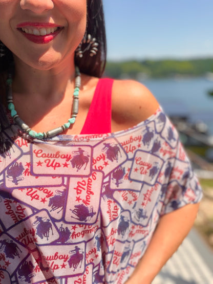 Cowboy Up Patch Printed Short Sleeve Mesh Top
