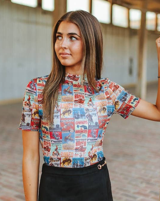 western collage print mesh shirt