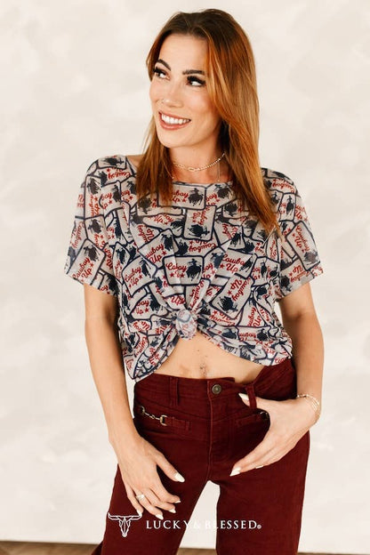 Cowboy Up Patch Printed Short Sleeve Mesh Top