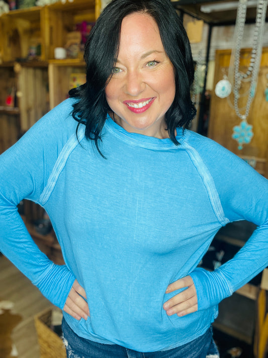 Mineral Wash Blue thumb hole shirt