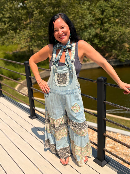 Boho Patchy Denim Overalls