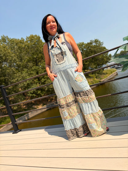 Boho Patchy Denim Overalls