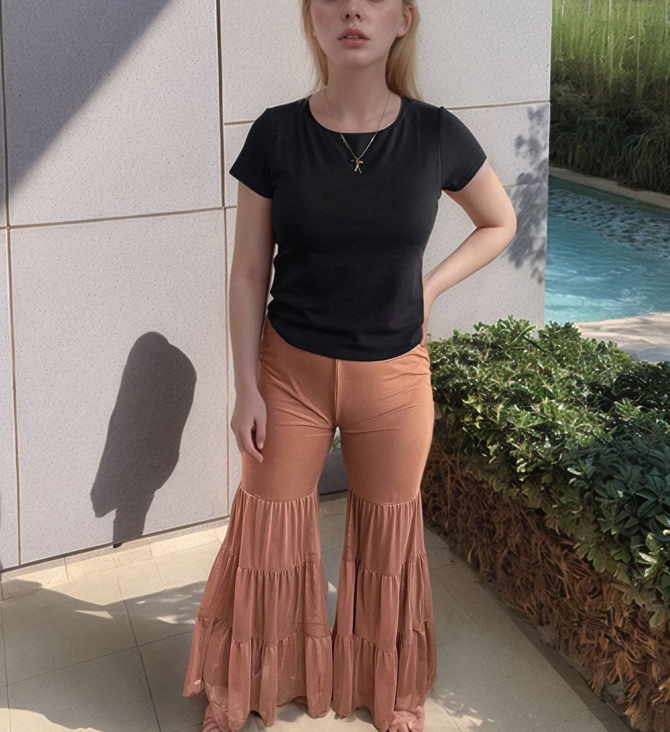 Mocha Madness Mesh Ruffled Bell Pants