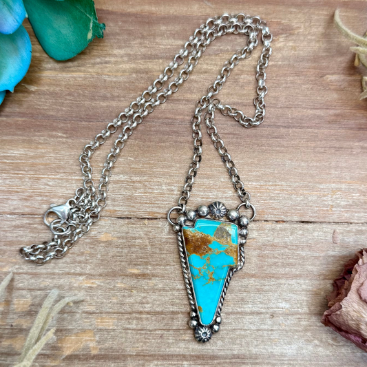 106 - Sterling Silver Kingman Turquoise Lightning Bolt Fixed Chain Necklace by Jason Ogg