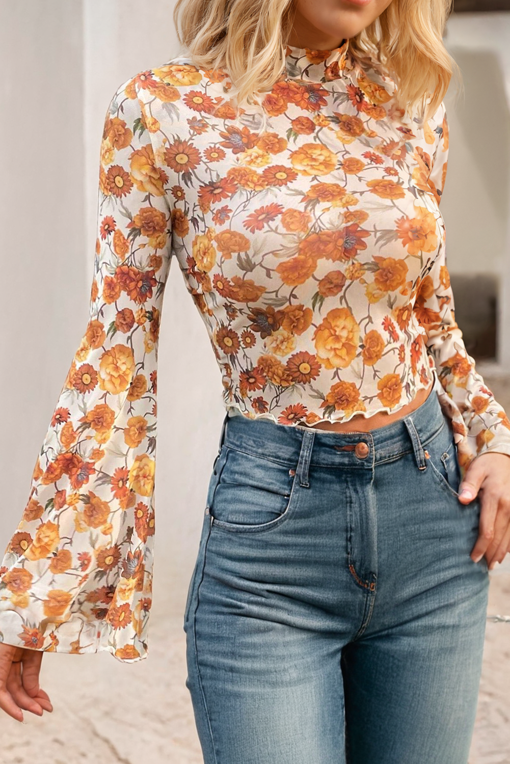 Fall Floral Bell Sleeve Scallop Blouse