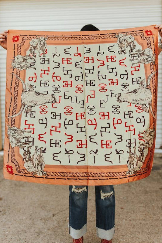 Beige Cow Skull Western Brand Printed Wild Rag