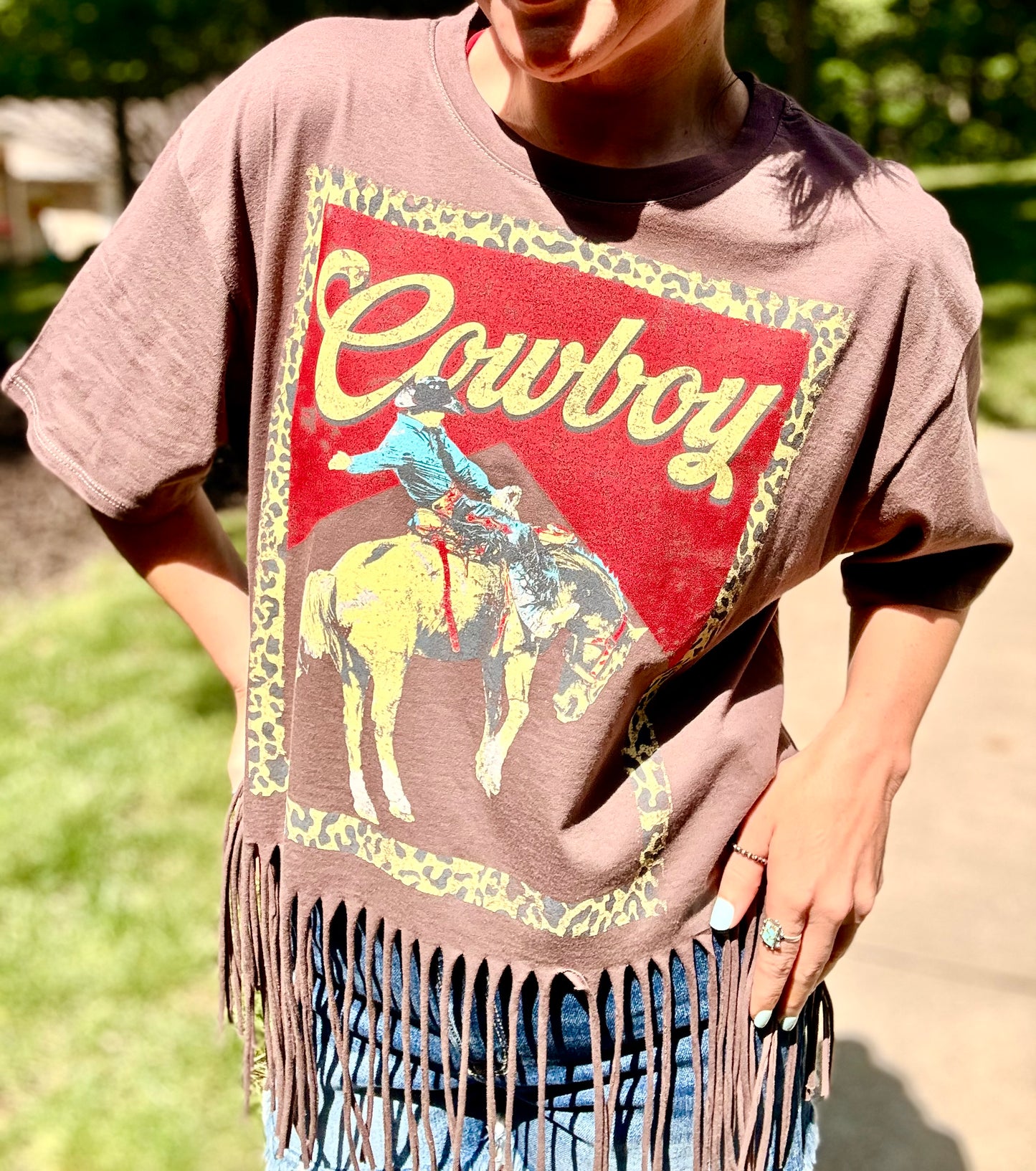 Western Cowboy Leopard Fringe Tee