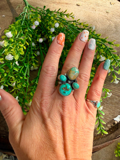Multi Kingman Turquoise Circle Stone Adjustable Ring