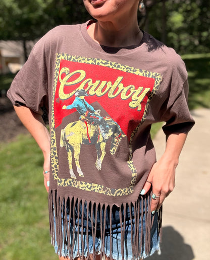 Western Cowboy Leopard Fringe Tee
