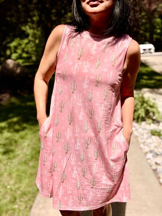 Pink Cactus Printed Sleeveless Side Pocket Dress