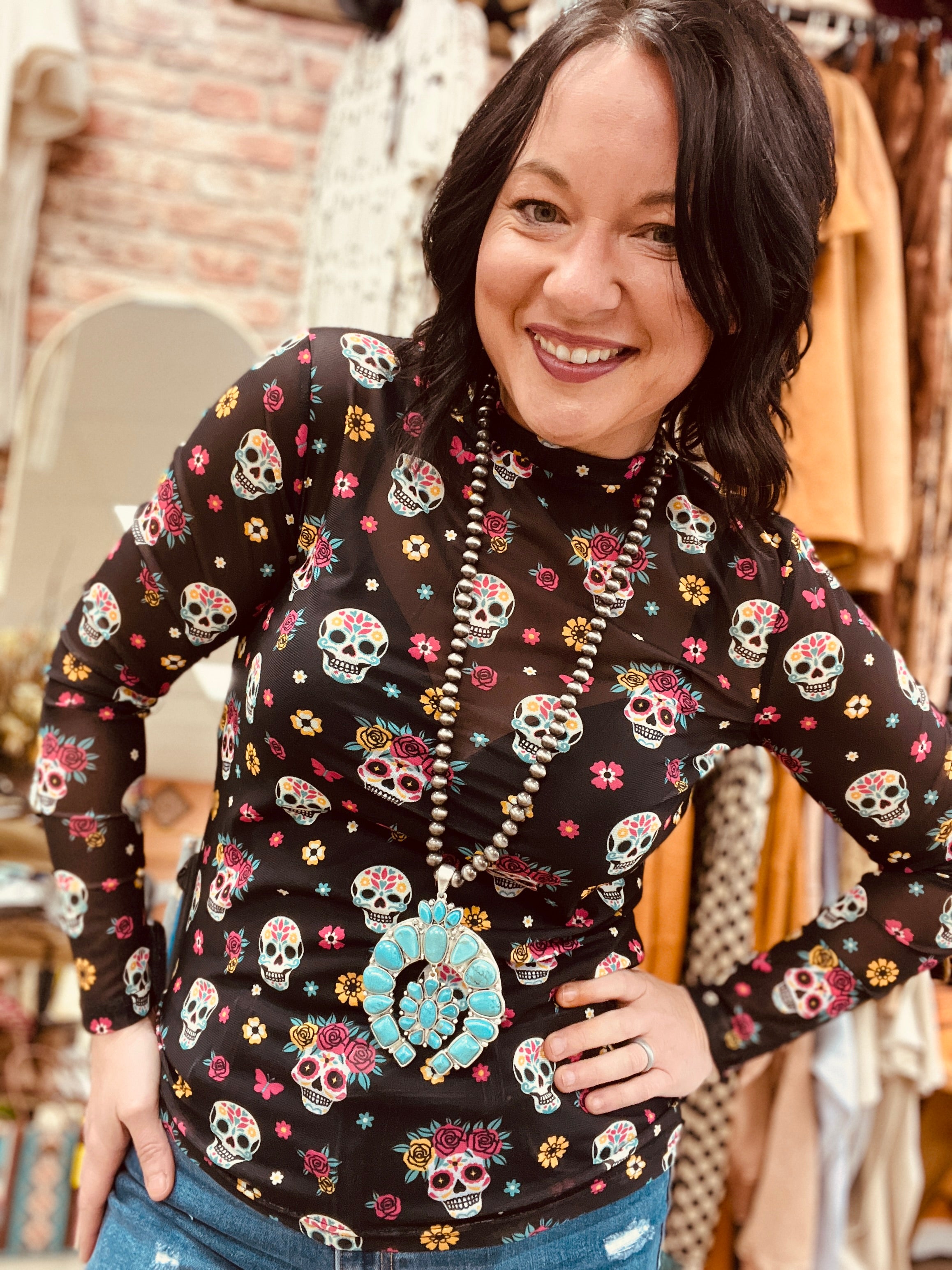 Cinco Sugar Skull Mesh Top