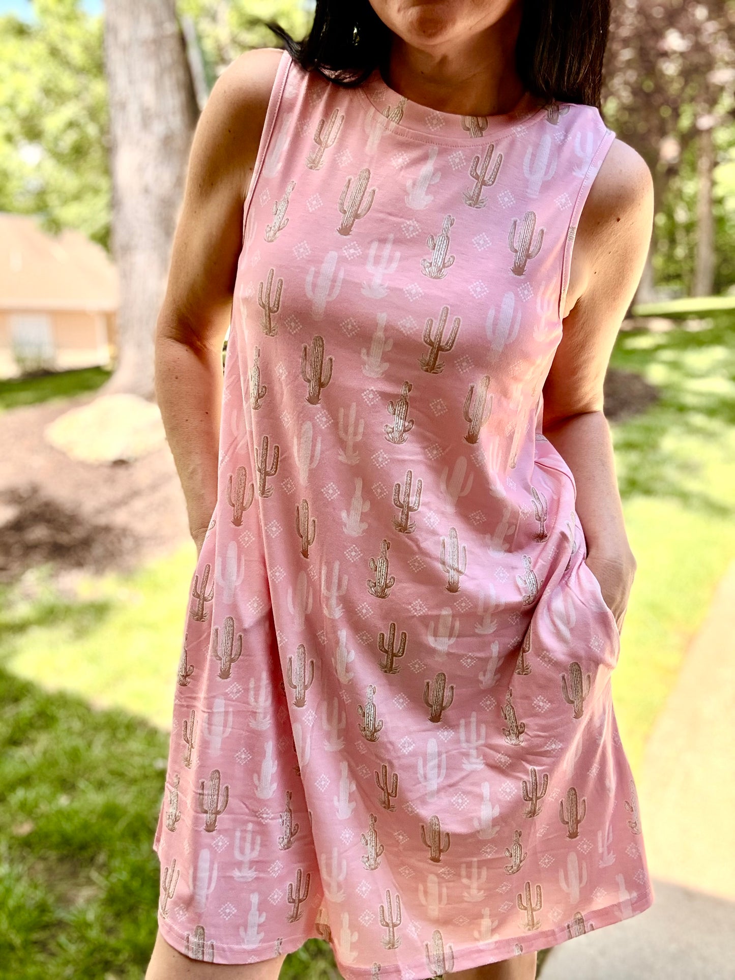 Pink Cactus Printed Sleeveless Side Pocket Dress