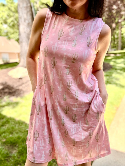 Pink Cactus Printed Sleeveless Side Pocket Dress