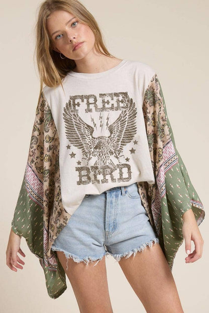 Free Bird Vintage Graphic Sheer Kaftan Top