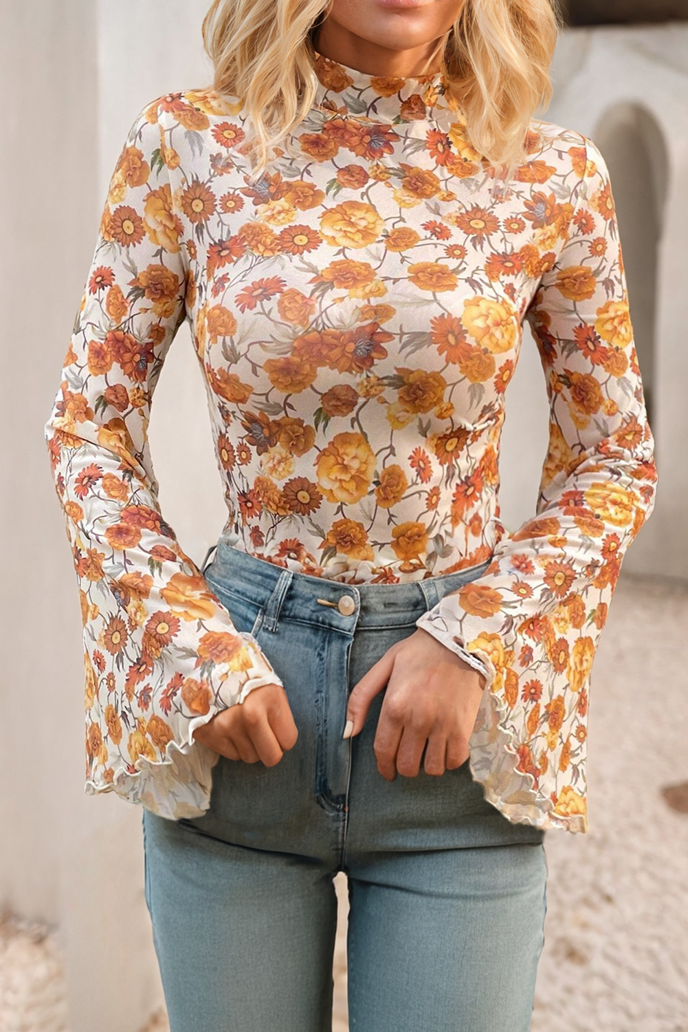 Fall Floral Bell Sleeve Scallop Blouse