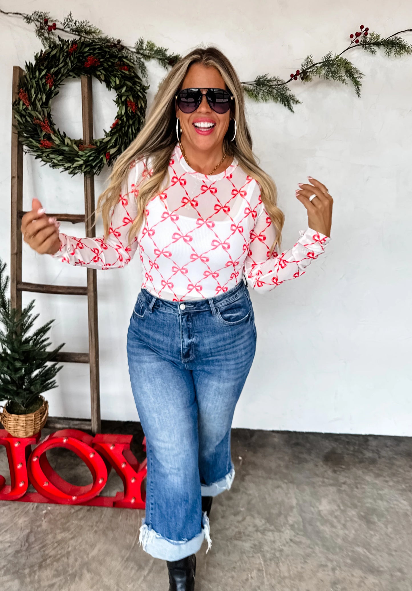 Holiday White and Red Mesh Shirt | Womens Christmas Mesh Shirt