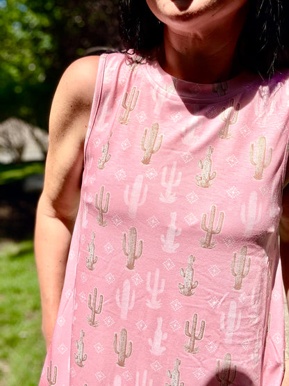 Pink Cactus Printed Sleeveless Side Pocket Dress