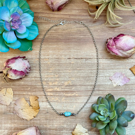 Turquoise Center & Sterling Saucer Pearl Necklace 16”