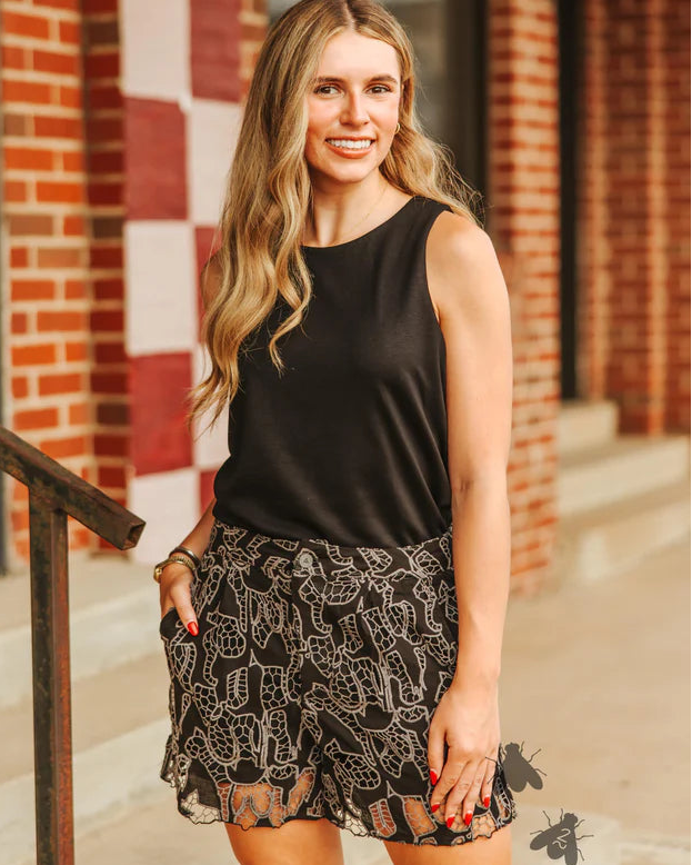 black western print embroidered shorts