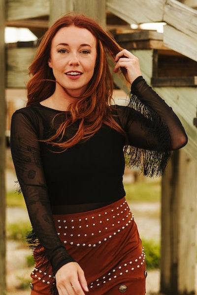 Black Mesh & Fringe Western Bodysuit