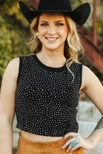 Black Rhinestone Stretch Sleeveless Tank Top