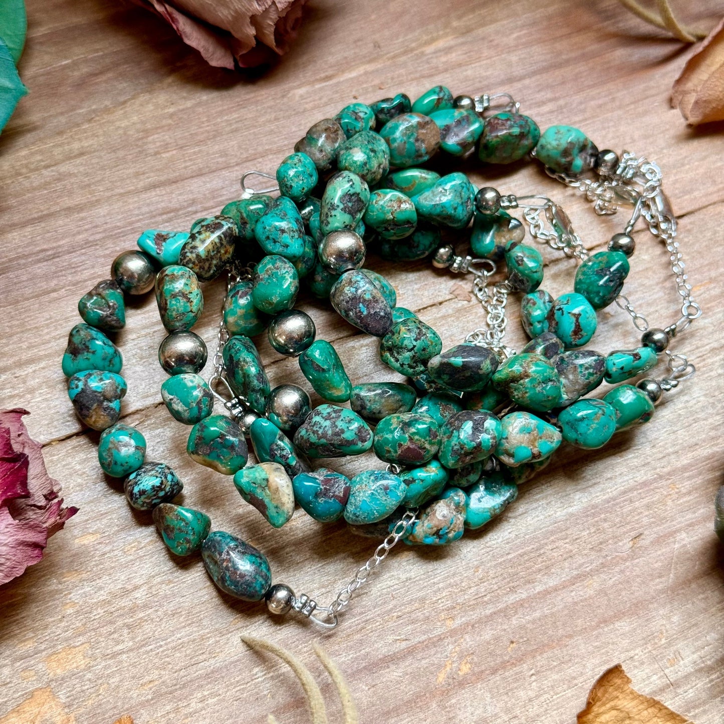 Turquoise Nugget Bracelet with Sterling Silver Pearls – 7” + Extender