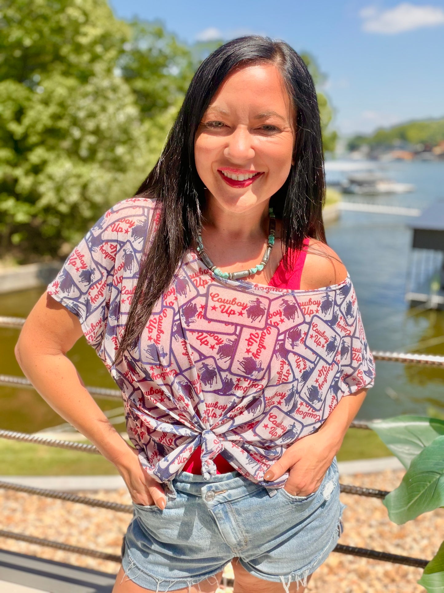Cowboy Up Patch Printed Short Sleeve Mesh Top