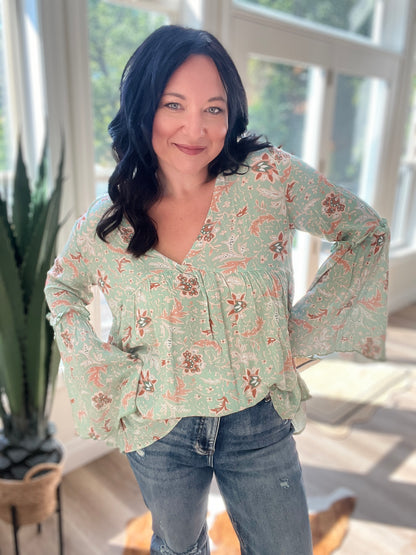 Brea Mixed Print Top - Sage Floral Print
