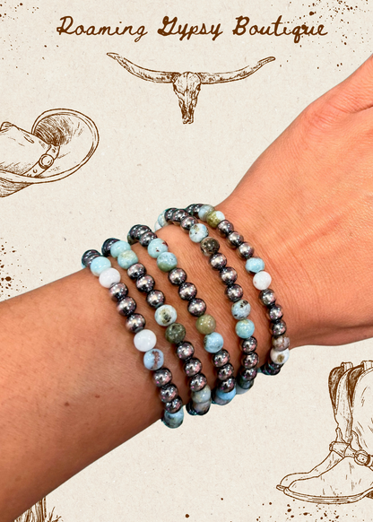 Sterling Silver & Larimar Bracelet  – 6 mm Beads