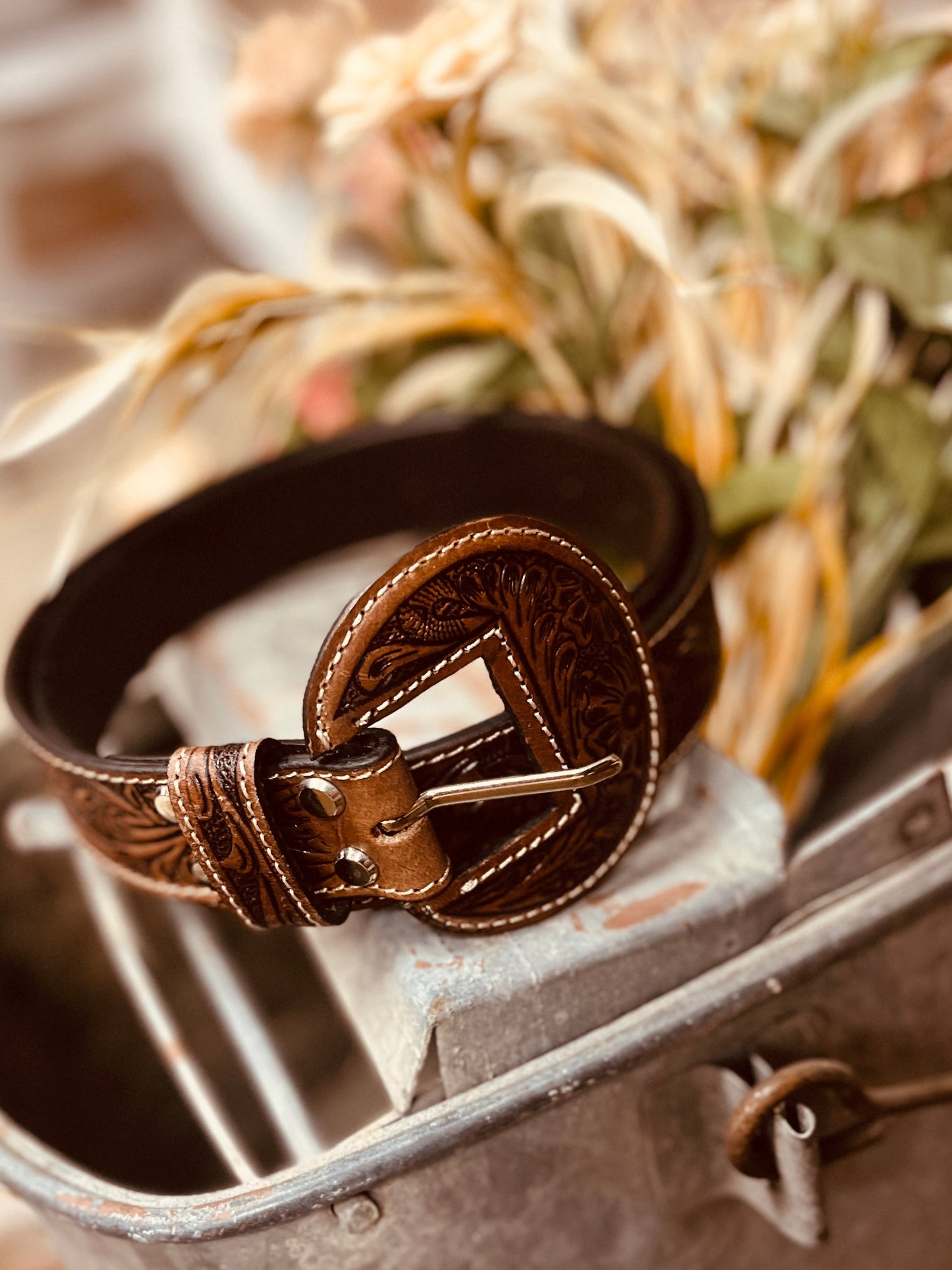 Bronc Ready Tooled Leather Belt