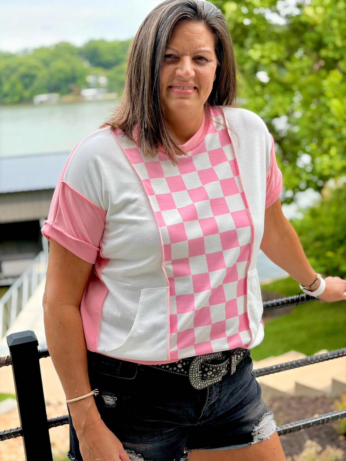 Modern Pink Pony Check Top