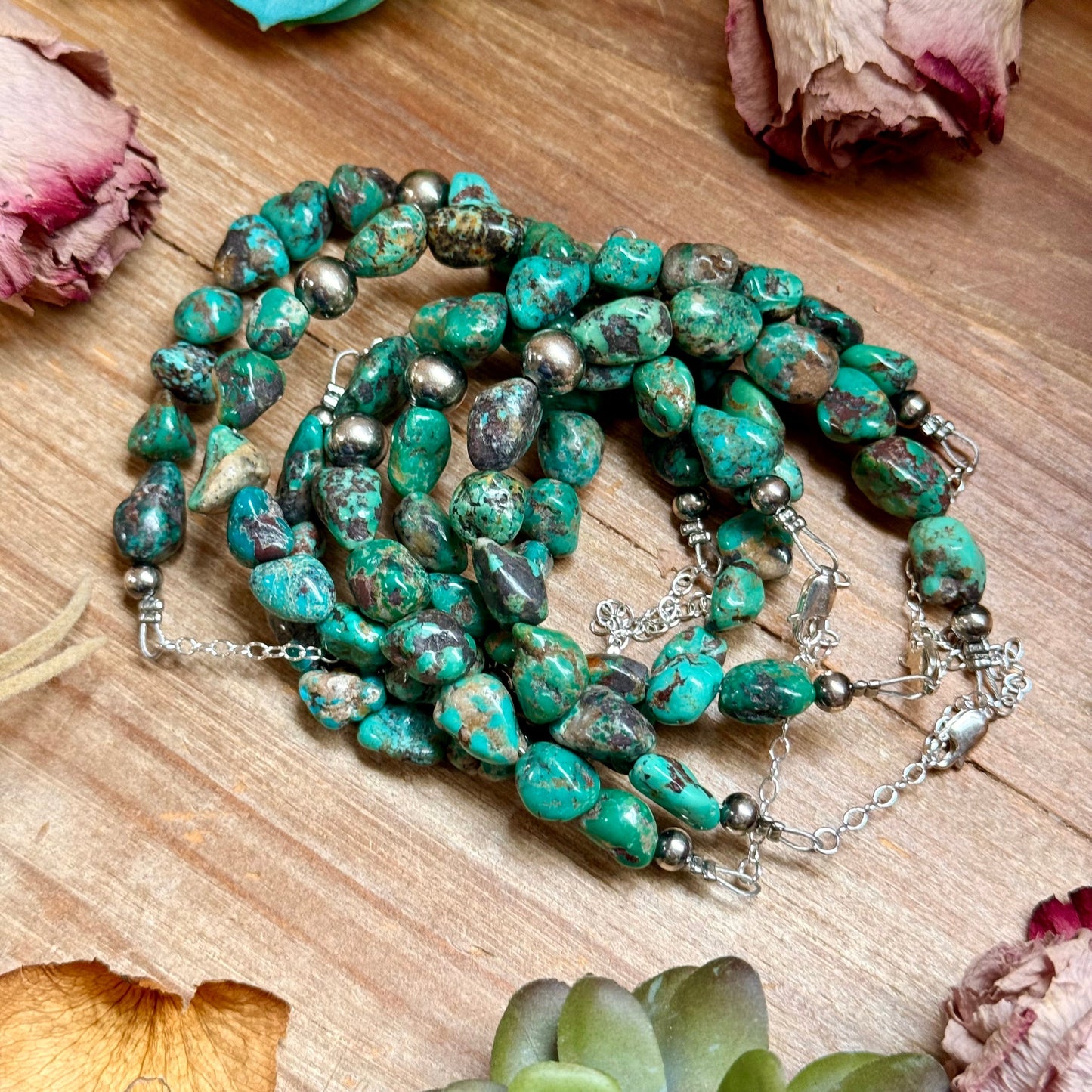 Turquoise Nugget Bracelet with Sterling Silver Pearls – 7” + Extender