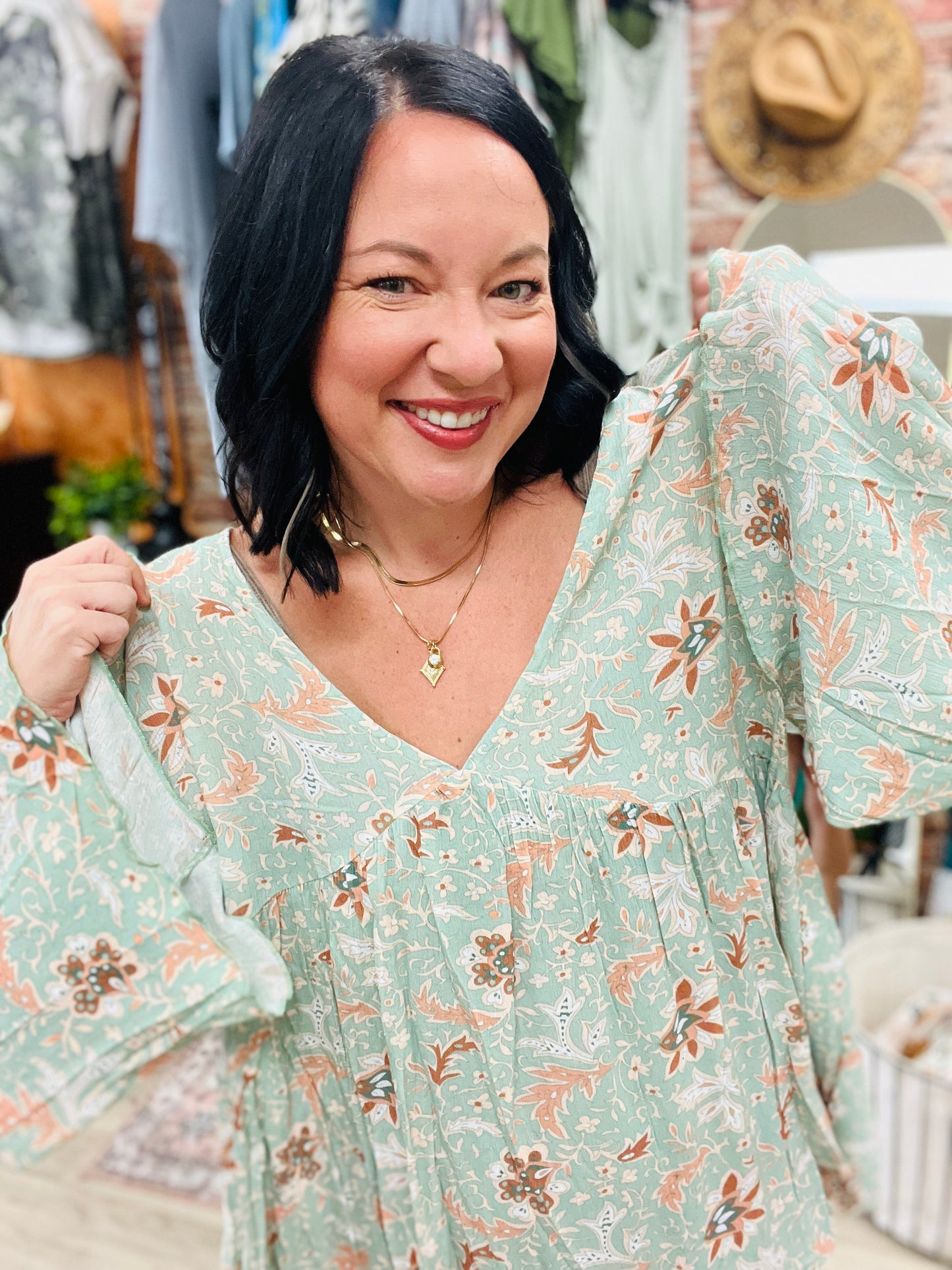 Brea Mixed Print Top - Sage Floral Print