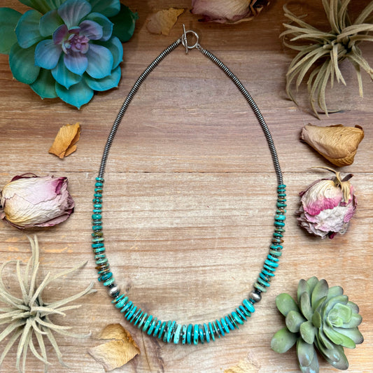 Turquoise Graduated Necklace with Hematite & Sterling Silver Accents – 23”