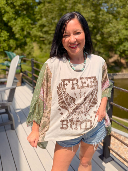 Free Bird Vintage Graphic Sheer Kaftan Top
