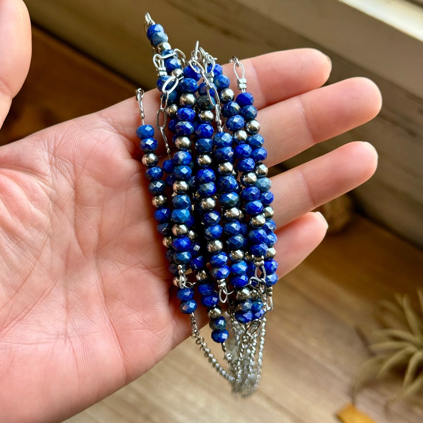 Faceted Lapis & Sterling Silver Pearl Paperclip Necklace