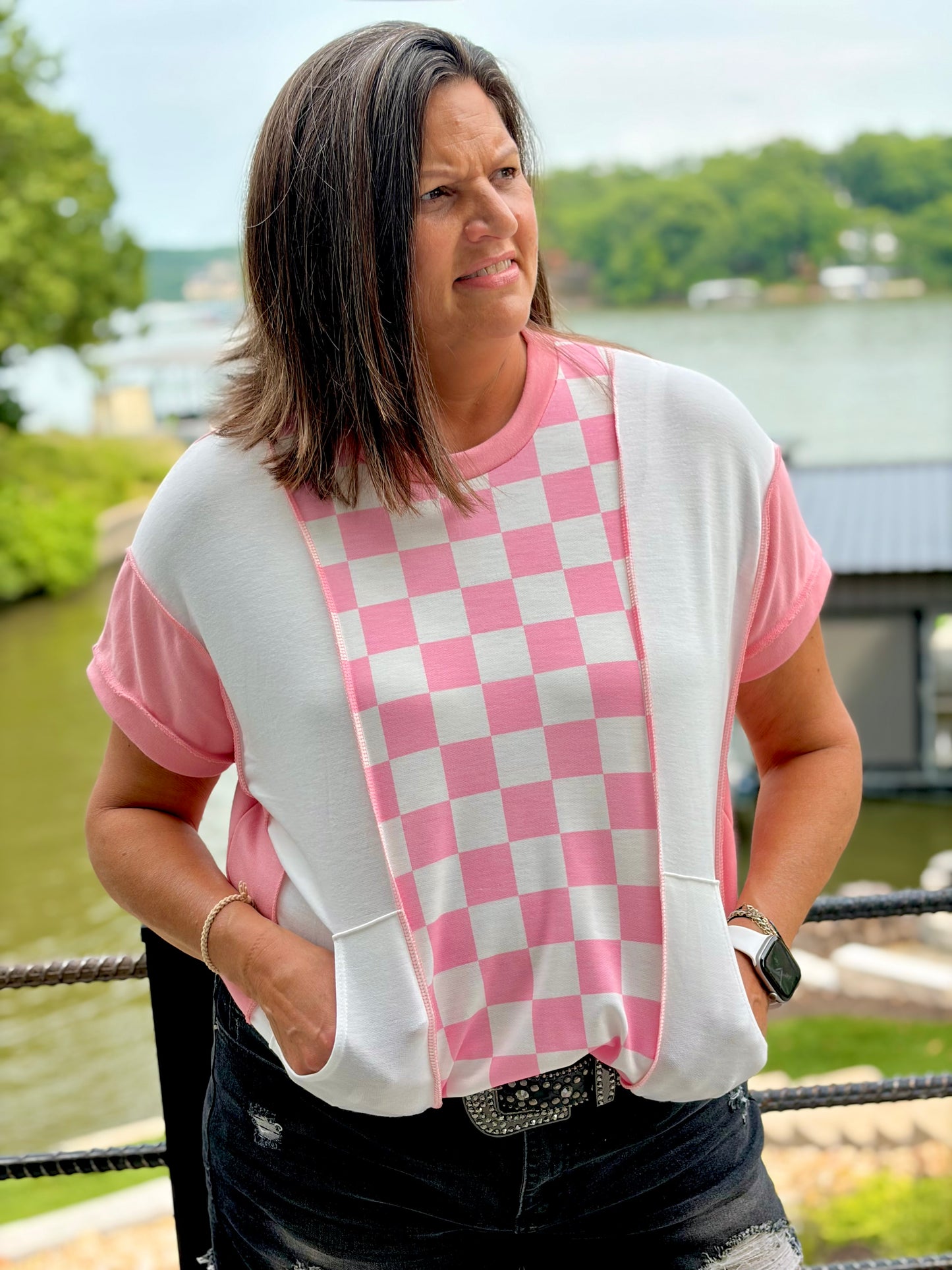 Modern Pink Pony Check Top