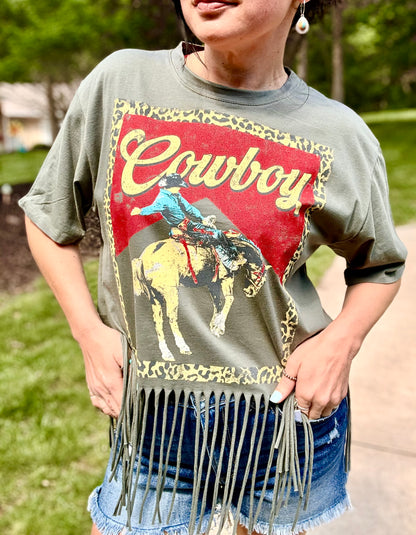 Western Cowboy Leopard Fringe Tee