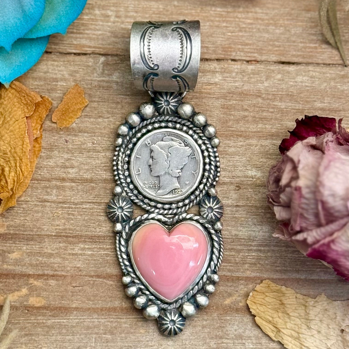 75 - Sterling Silver Pink Conch & Mercury Dime Pendant by Shay Pfeiffer