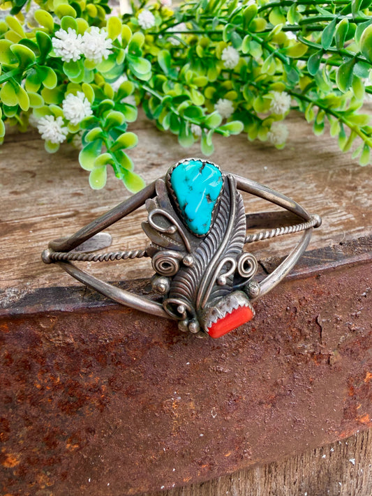 Vintage Coral & Turquoise Floral Cuff