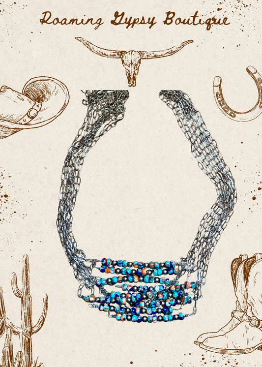 Sterling Silver Pearl & Lapis Turquoise Mix Paperclip Chain Necklace