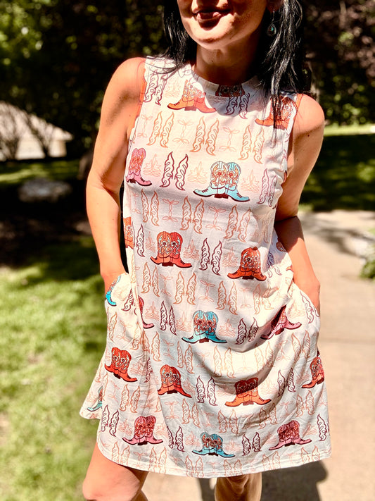 Western Boots Printed Sleeveless Side Pocket Dress