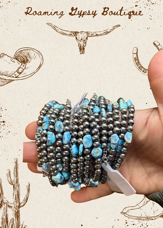 Golden Hill Turquoise Bracelet – 5mm Sterling Silver Pearls
