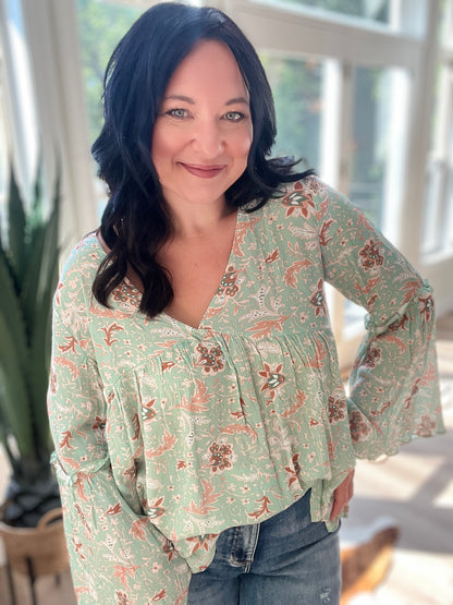 Brea Mixed Print Top - Sage Floral Print