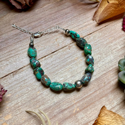 Turquoise Nugget Bracelet with Sterling Silver Pearls – 7” + Extender