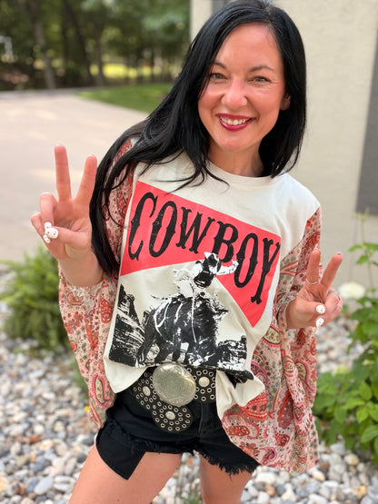 Cowboy Graphic Rustic Sheer Sleeves Kaftan Top